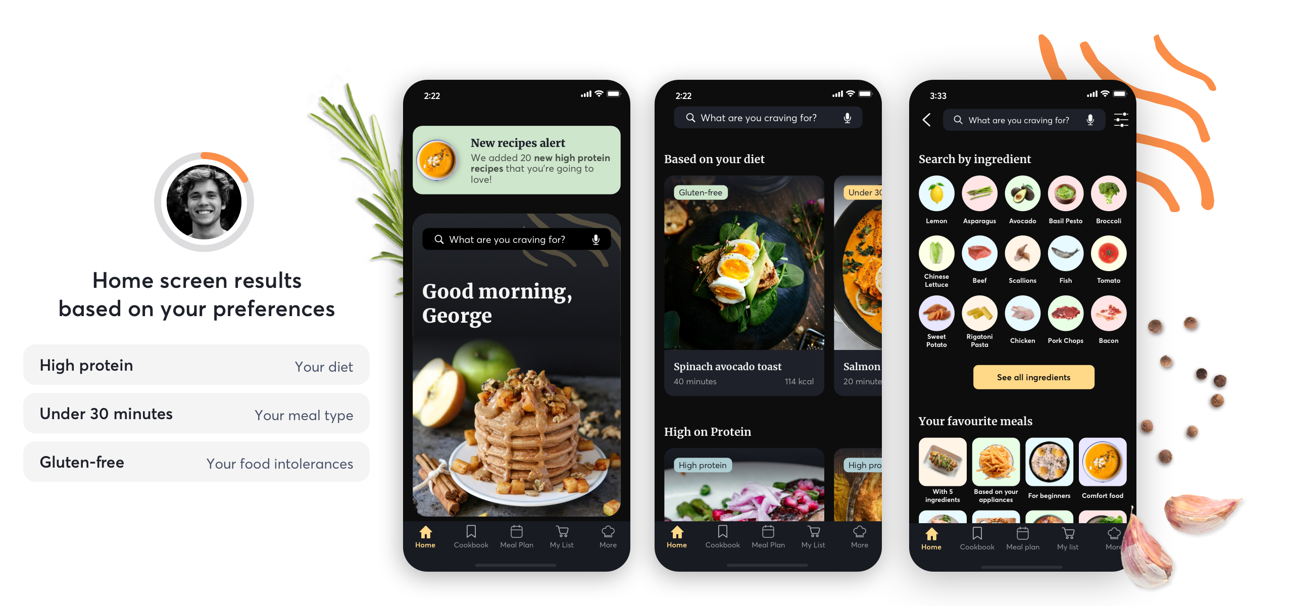 Cooking App screens spanning onboarding, discovery, and meal planning
