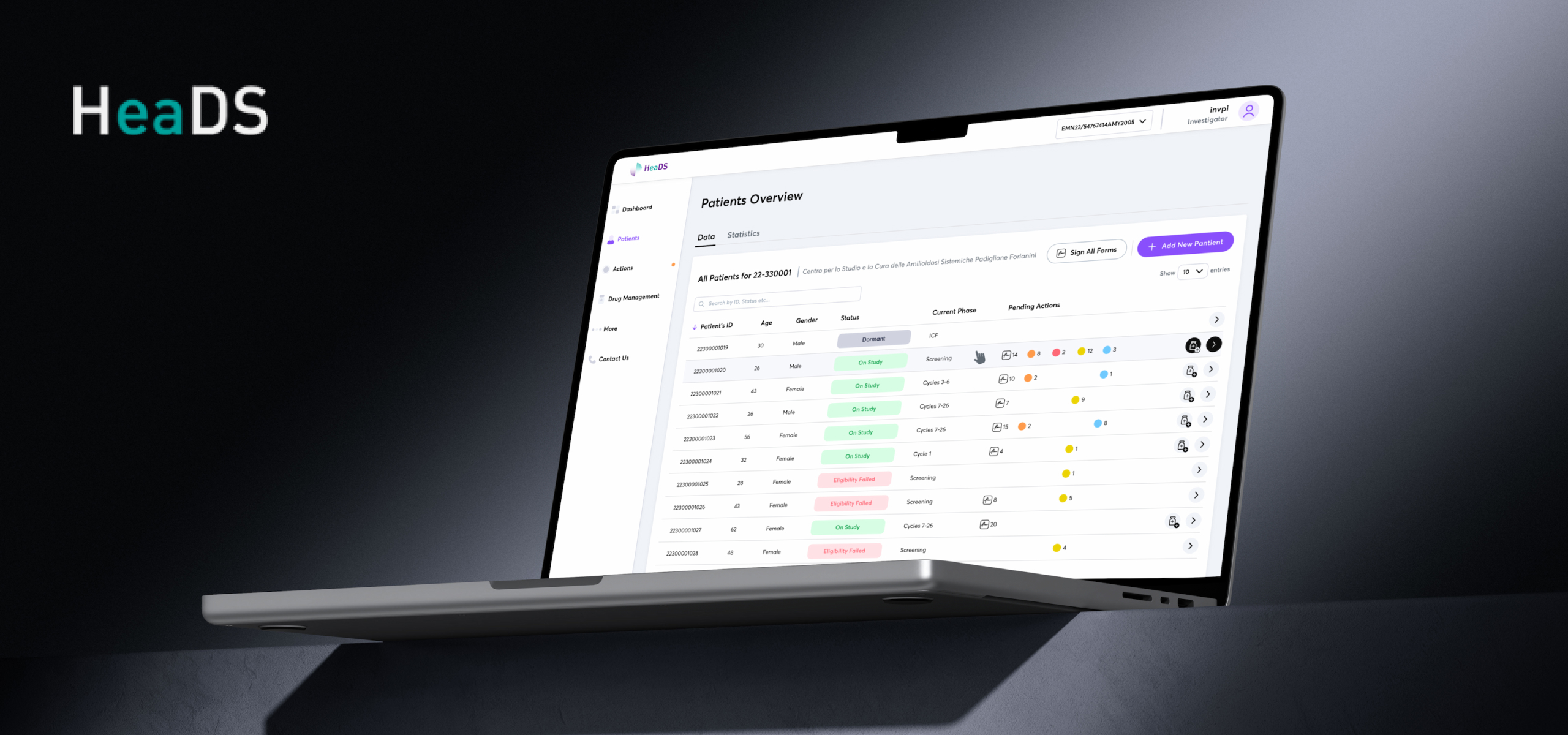 HeaDS clinical trials platform — dashboard overview